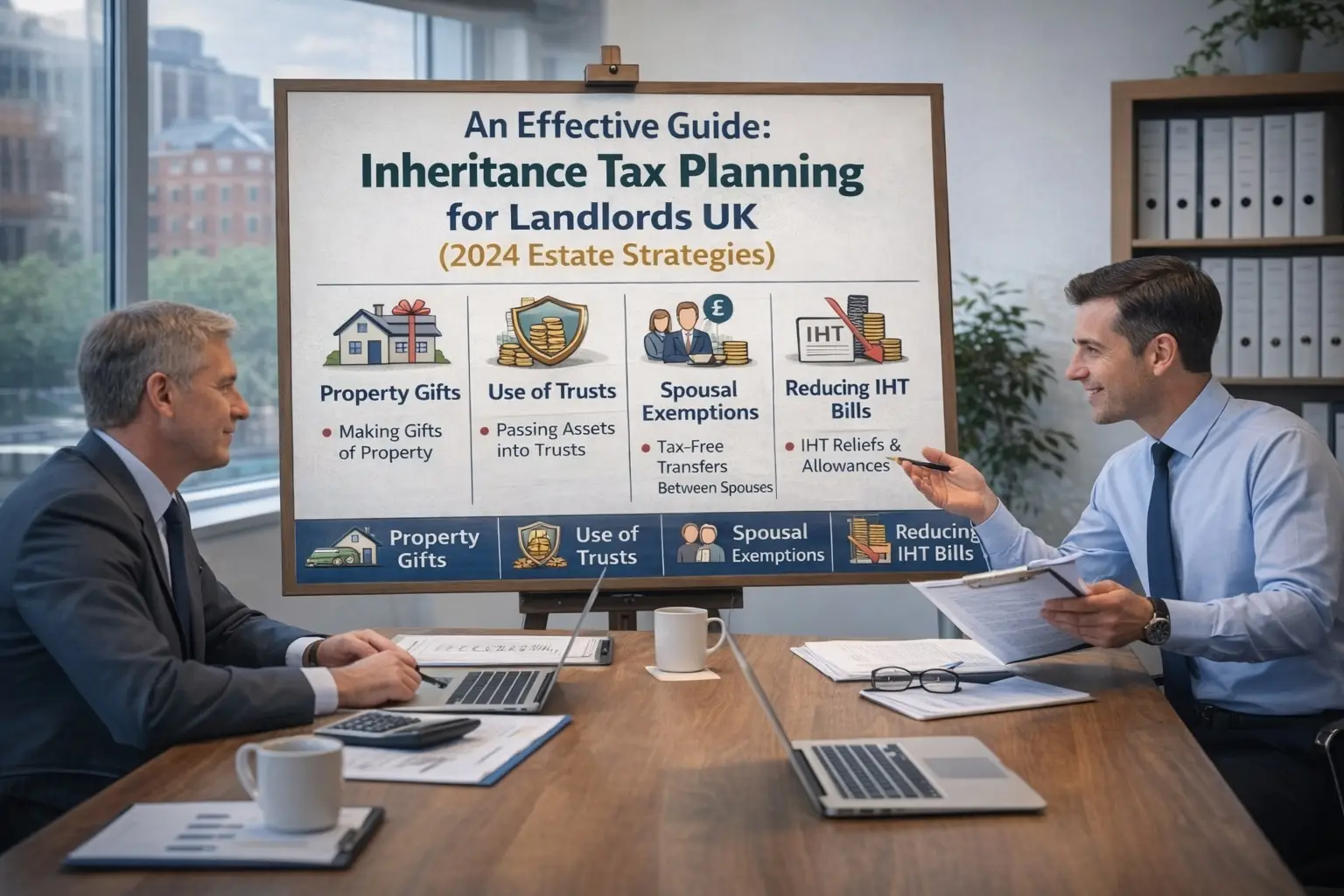 A realistic office meeting scene where two professionals are discussing estate planning at a wooden conference table. One adviser is holding a clipboard and explaining points on a presentation board titled “An Effective Guide: Inheritance Tax Planning for Landlords UK (2024 Estate Strategies).” The board highlights strategies such as property gifts, use of trusts, spousal exemptions, and reducing inheritance tax bills. Laptops, printed financial documents, calculators, and coffee mugs are placed on the table, with large office windows and filing shelves in the background.