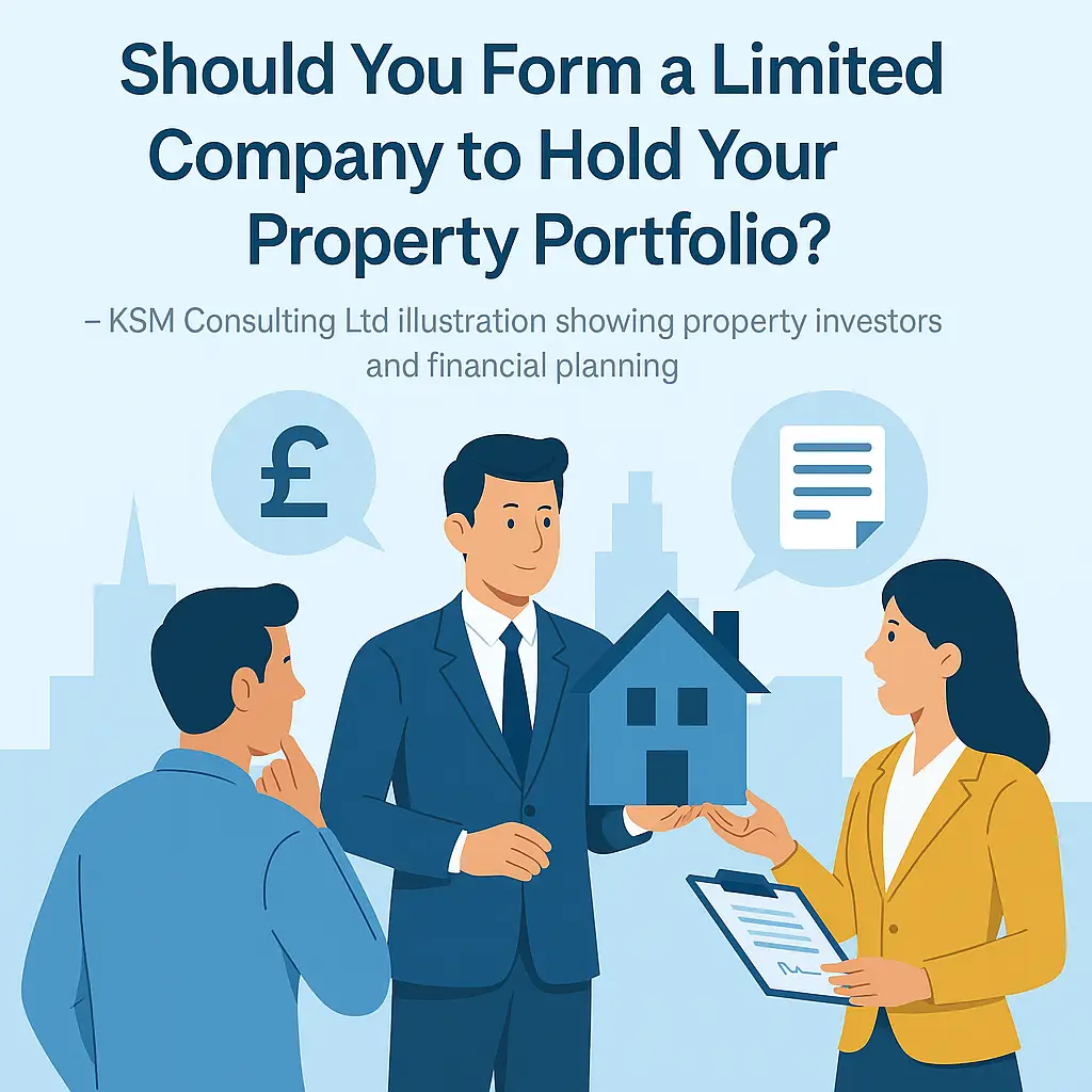 Should you form a limited company to hold your property portfolio – professional digital illustration showing landlords, houses, and financial charts with KSM Consulting Ltd.