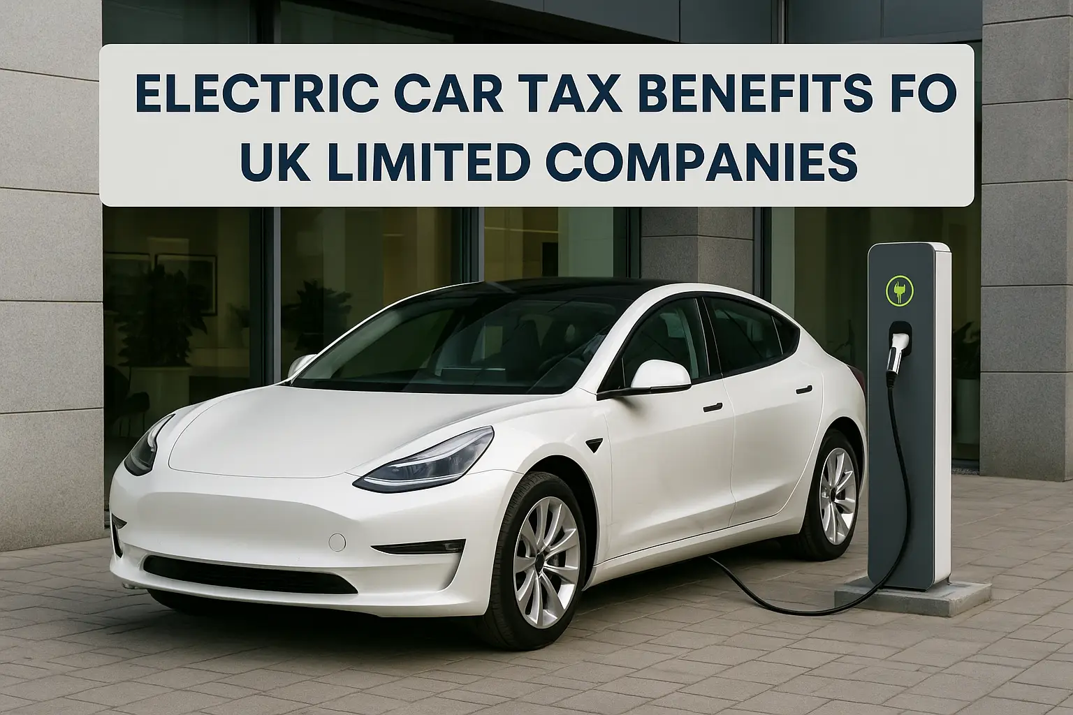 Electric car tax benefits for UK limited companies – EV parked at business office with charging cable.