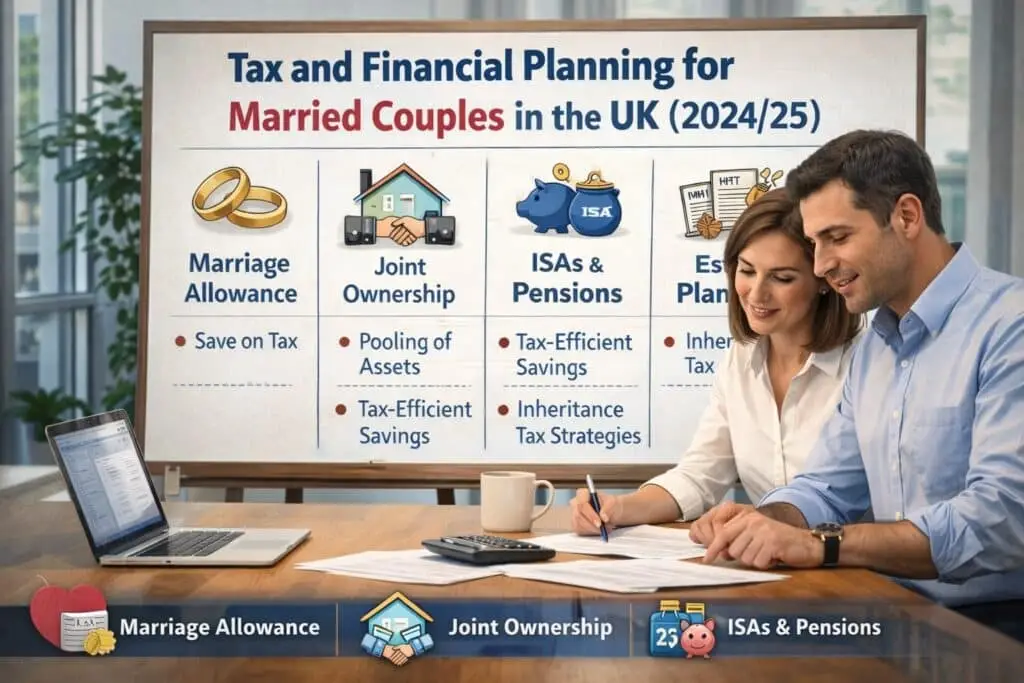 A realistic office scene showing a married couple sitting at a wooden table reviewing financial documents together. The woman is holding a pen and writing on paperwork while the man looks on attentively. A laptop, calculator, coffee mug, and printed tax forms are arranged neatly on the table. Behind them, a presentation board reads “Tax and Financial Planning for Married Couples in the UK (2024/25)” and highlights key topics including Marriage Allowance, Joint Ownership, ISAs and Pensions, and Estate Planning. The setting appears professional and natural, with soft daylight coming through large windows.