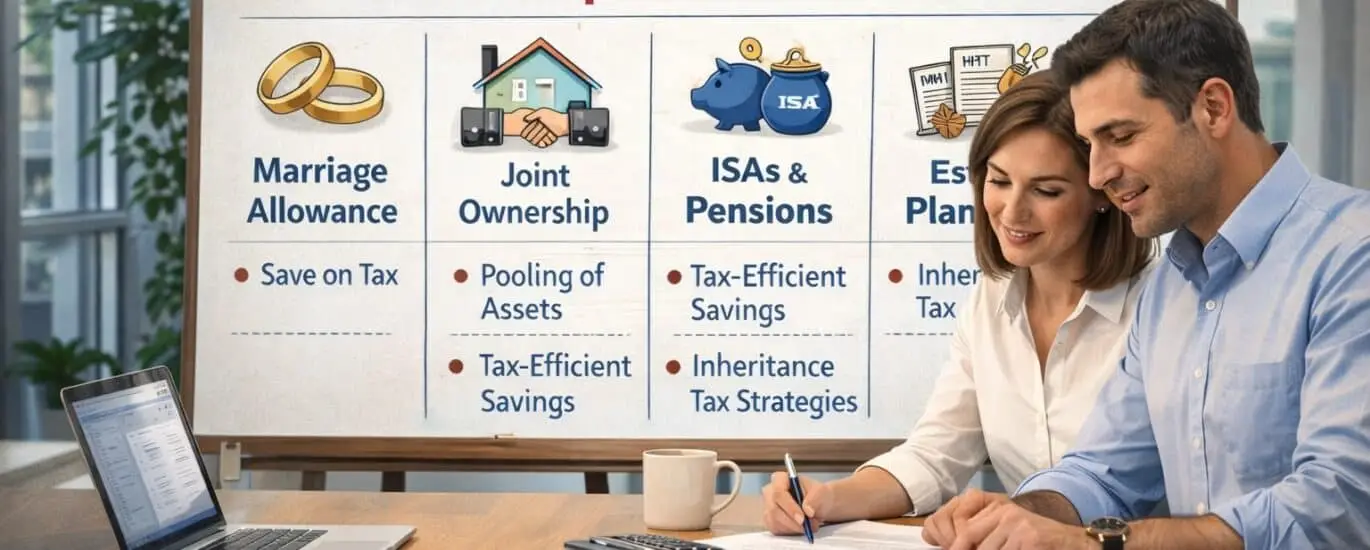 A realistic office scene showing a married couple sitting at a wooden table reviewing financial documents together. The woman is holding a pen and writing on paperwork while the man looks on attentively. A laptop, calculator, coffee mug, and printed tax forms are arranged neatly on the table. Behind them, a presentation board reads “Tax and Financial Planning for Married Couples in the UK (2024/25)” and highlights key topics including Marriage Allowance, Joint Ownership, ISAs and Pensions, and Estate Planning. The setting appears professional and natural, with soft daylight coming through large windows.