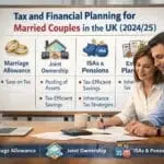 A realistic office scene showing a married couple sitting at a wooden table reviewing financial documents together. The woman is holding a pen and writing on paperwork while the man looks on attentively. A laptop, calculator, coffee mug, and printed tax forms are arranged neatly on the table. Behind them, a presentation board reads “Tax and Financial Planning for Married Couples in the UK (2024/25)” and highlights key topics including Marriage Allowance, Joint Ownership, ISAs and Pensions, and Estate Planning. The setting appears professional and natural, with soft daylight coming through large windows.