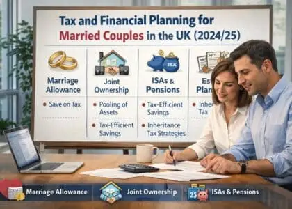 A realistic office scene showing a married couple sitting at a wooden table reviewing financial documents together. The woman is holding a pen and writing on paperwork while the man looks on attentively. A laptop, calculator, coffee mug, and printed tax forms are arranged neatly on the table. Behind them, a presentation board reads “Tax and Financial Planning for Married Couples in the UK (2024/25)” and highlights key topics including Marriage Allowance, Joint Ownership, ISAs and Pensions, and Estate Planning. The setting appears professional and natural, with soft daylight coming through large windows.