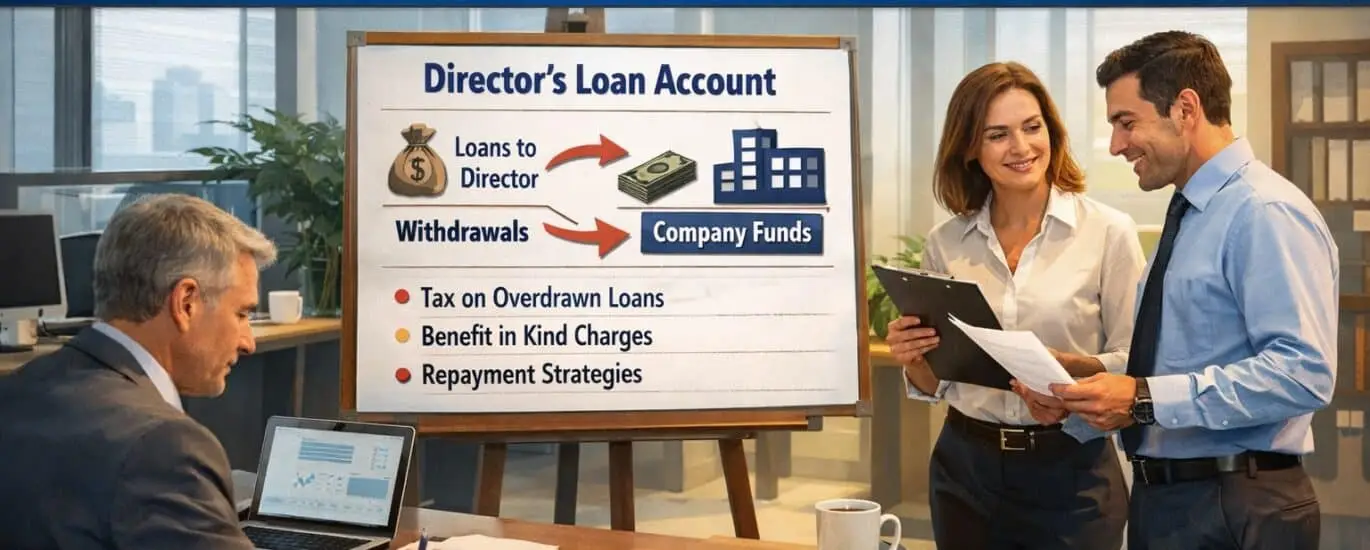 A professional office setting with three business professionals discussing financial documents. A presentation board titled “Director’s Loan Tax Implications – How to Use It Efficiently in 2025” outlines key points including Director’s Loan Account, loans to director, withdrawals, tax on overdrawn loans, benefit in kind charges, and repayment strategies. One man is seated at a desk reviewing reports on a laptop, while a man and woman stand nearby examining paperwork. Icons at the bottom highlight overdrawn loan tax, benefit in kind, and repayment plans.