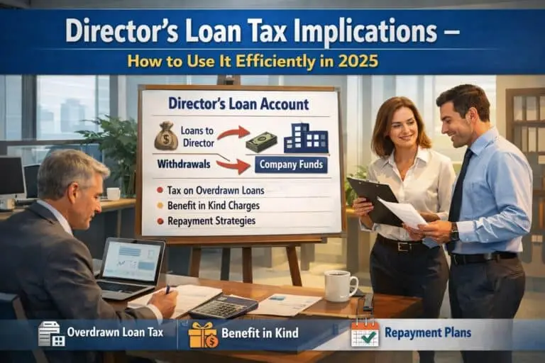 A professional office setting with three business professionals discussing financial documents. A presentation board titled “Director’s Loan Tax Implications – How to Use It Efficiently in 2025” outlines key points including Director’s Loan Account, loans to director, withdrawals, tax on overdrawn loans, benefit in kind charges, and repayment strategies. One man is seated at a desk reviewing reports on a laptop, while a man and woman stand nearby examining paperwork. Icons at the bottom highlight overdrawn loan tax, benefit in kind, and repayment plans.