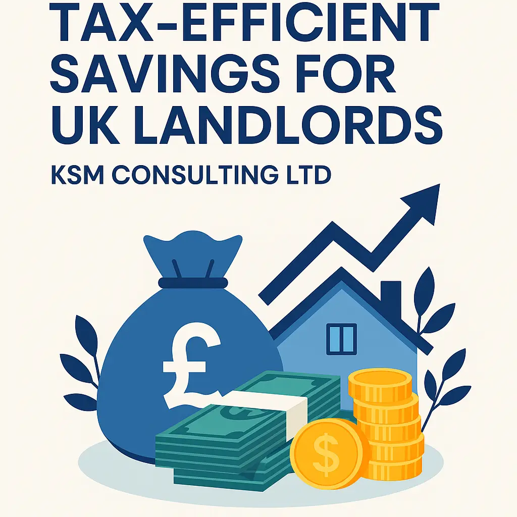 Tax-efficient savings for UK landlords – financial planning illustration showing house, coins, and money bag with pound symbol by KSM Consulting Ltd.