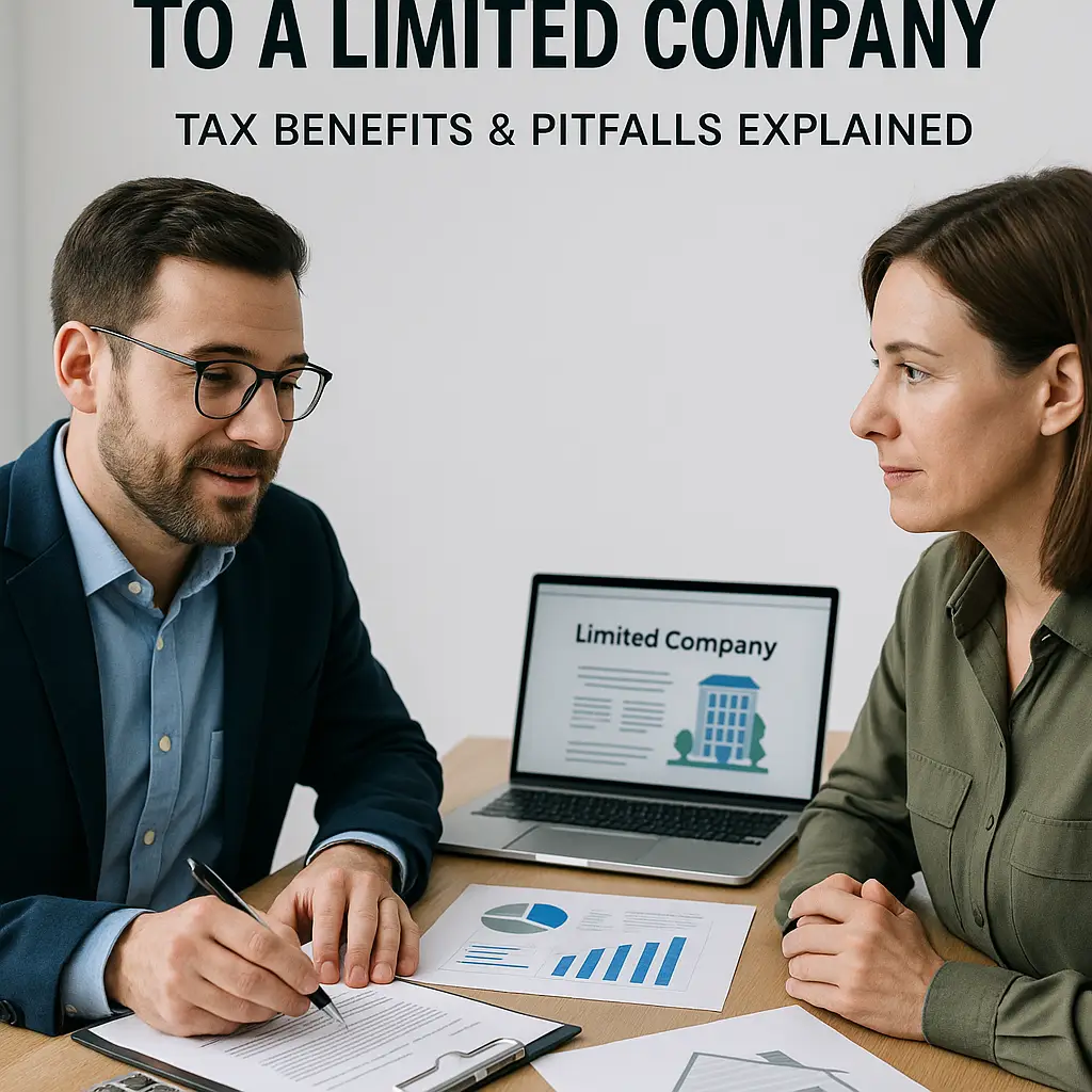 Selling property to a limited company – UK landlord meeting with accountant to discuss SDLT, CGT, and tax benefits, with documents, calculator, and laptop on desk.