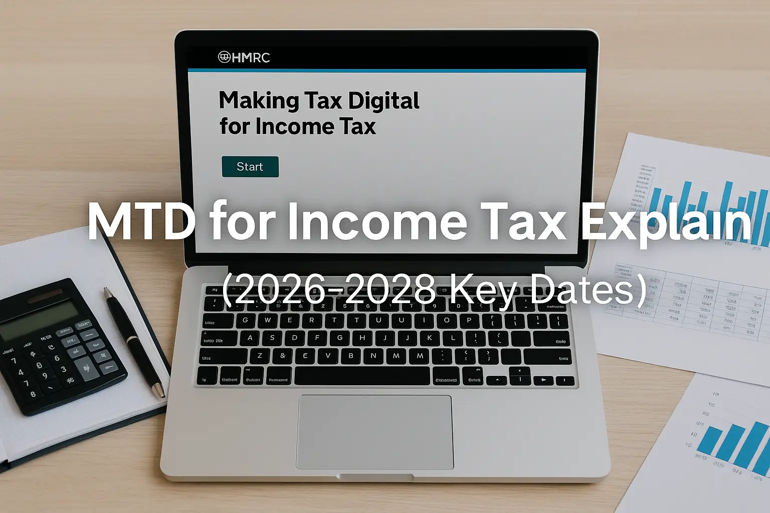 MTD for Income Tax explained – laptop showing HMRC Making Tax Digital portal with calculator, documents, and charts on desk (2026–2028 key dates).
