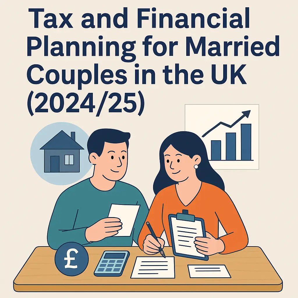 Tax and financial planning for married couples in the UK 2024/25 – flat-style digital illustration showing a couple managing finances, savings, and property planning with KSM Consulting Ltd.