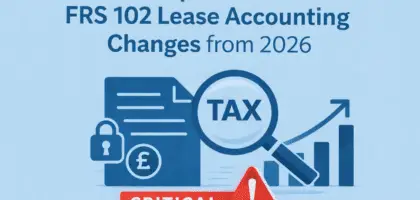 Tax implications of FRS 102 lease accounting changes from 2026 showing right of use assets, lease liabilities and impact on UK business tax deductions