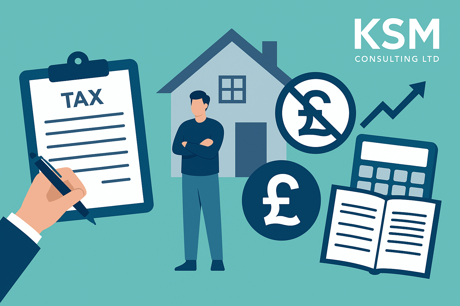 Section 24 Explained: Impact on Landlords and How to Reduce Your Tax Bill 1 Illustration showing Section 24 mortgage interest tax restriction for UK landlords, featuring house, tax form, finance icons and KSM Consulting Ltd branding.