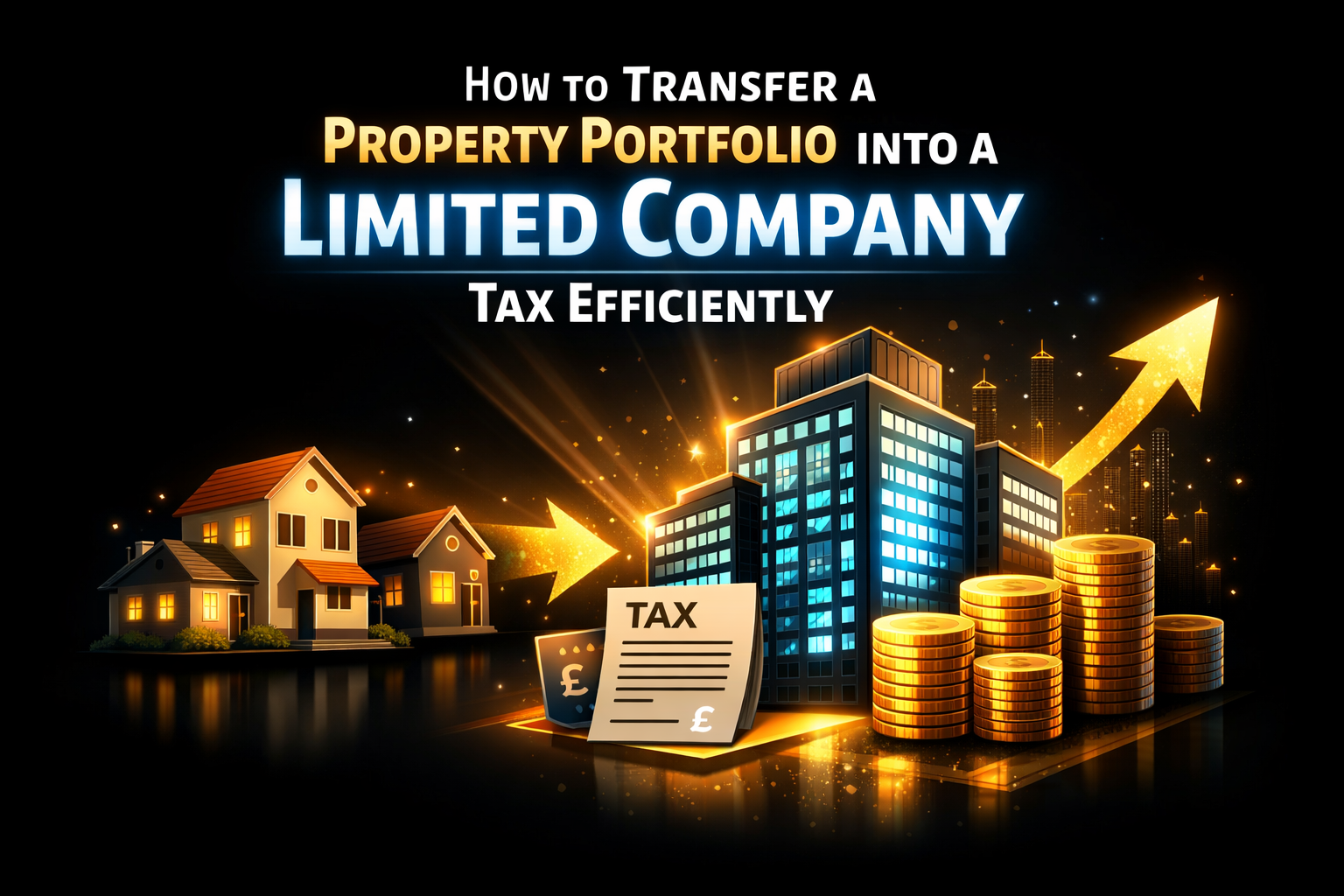 Shining black background featured image showing residential houses transitioning into a modern office building, gold coins stacked beside a tax document, and a glowing upward arrow symbolising tax efficient property portfolio incorporation into a limited company.