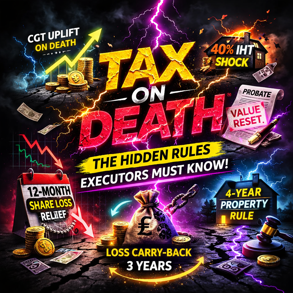 UK tax on death explained, including inheritance tax, CGT uplift, probate valuation, share loss relief, property rules and loss carry-back for executors.