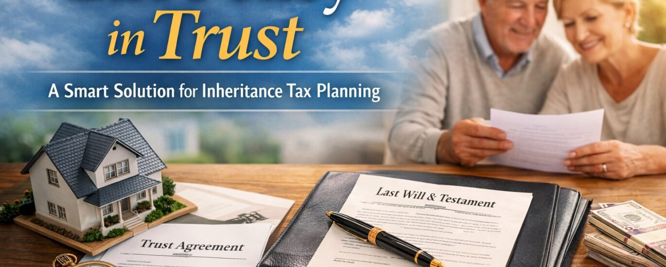 Shining black background featured image showing residential houses transitioning into a modern office building, gold coins stacked beside a tax document, and a glowing upward arrow symbolising tax efficient property portfolio incorporation into a limited company.