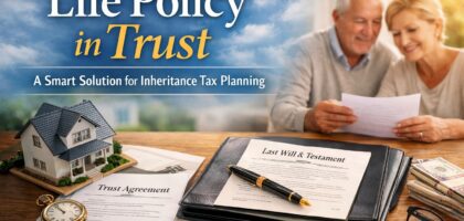 Shining black background featured image showing residential houses transitioning into a modern office building, gold coins stacked beside a tax document, and a glowing upward arrow symbolising tax efficient property portfolio incorporation into a limited company.