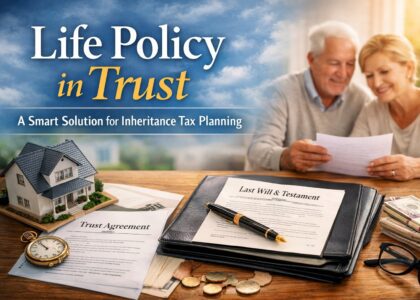 Shining black background featured image showing residential houses transitioning into a modern office building, gold coins stacked beside a tax document, and a glowing upward arrow symbolising tax efficient property portfolio incorporation into a limited company.