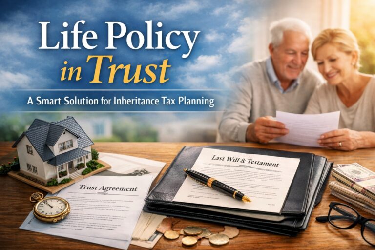 Shining black background featured image showing residential houses transitioning into a modern office building, gold coins stacked beside a tax document, and a glowing upward arrow symbolising tax efficient property portfolio incorporation into a limited company.