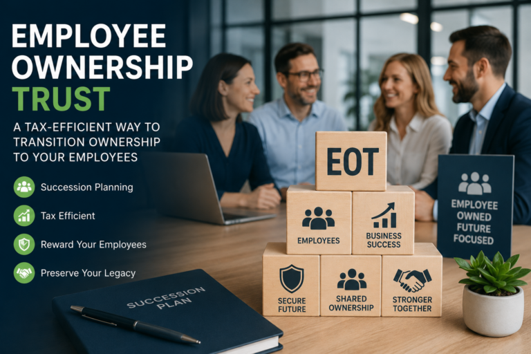 Employee Ownership Trust succession planning illustration showing EOT share transfer, tax efficiency, employee ownership and business continuity.