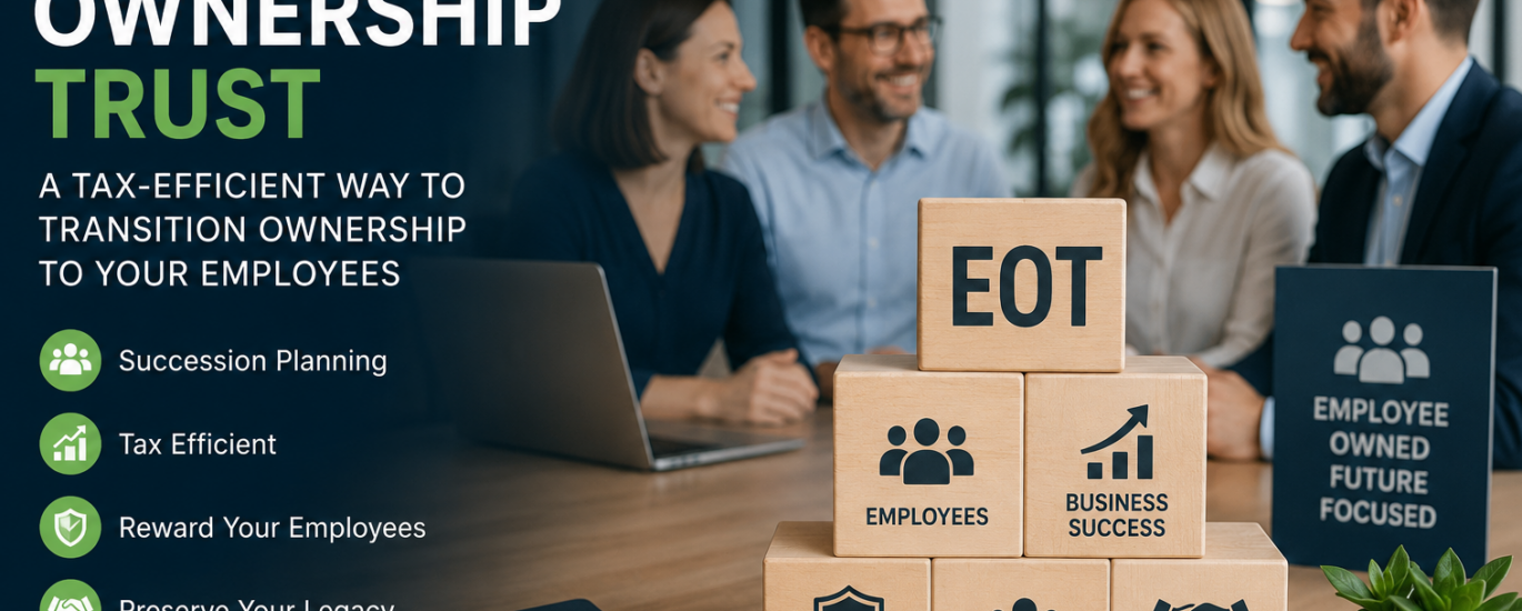 Employee Ownership Trust succession planning illustration showing EOT share transfer, tax efficiency, employee ownership and business continuity.
