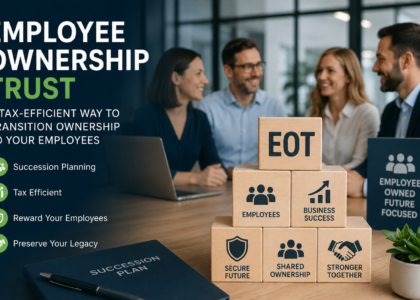 Employee Ownership Trust succession planning illustration showing EOT share transfer, tax efficiency, employee ownership and business continuity.