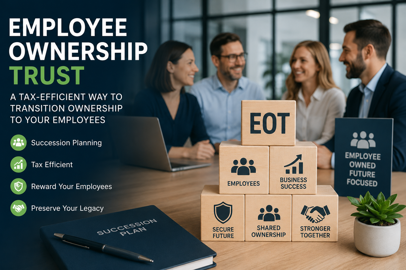 Employee Ownership Trust succession planning illustration showing EOT share transfer, tax efficiency, employee ownership and business continuity.