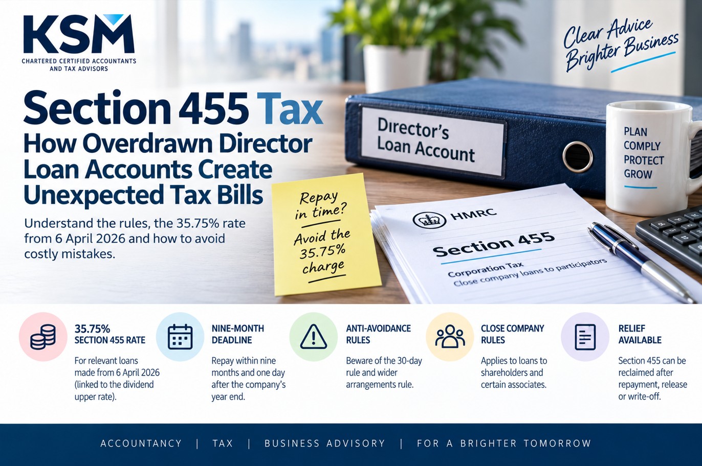 Section 455 tax on overdrawn director loan accounts, including the 35.75% rate, repayment deadline and anti-avoidance rules for UK companies.