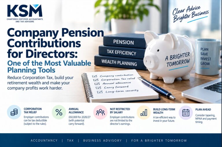 Company pension contributions for directors, showing Corporation Tax relief, the £60,000 annual allowance and long-term retirement planning for 2026/27.